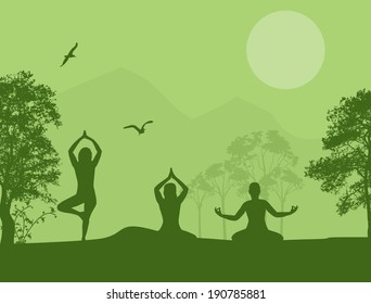 Yoga meditation silhouettes on green landscape, vector background