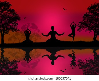 Yoga meditation silhouettes at red sunset landscape near water, vector background