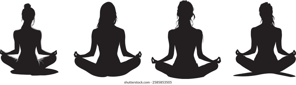 Yoga Meditation Silhouettes Vector Illustration on White Background