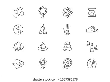 Yoga, meditation, spiritual practice thin line vector icons. Editable stroke.