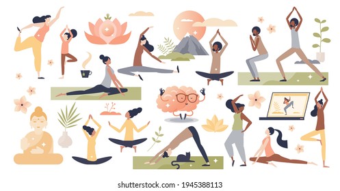 Yoga, meditation and stretching exercise for wellness set tiny person concept. Body balance and posture with mind harmony and peace practice. Pose training elements collection vector illustration.