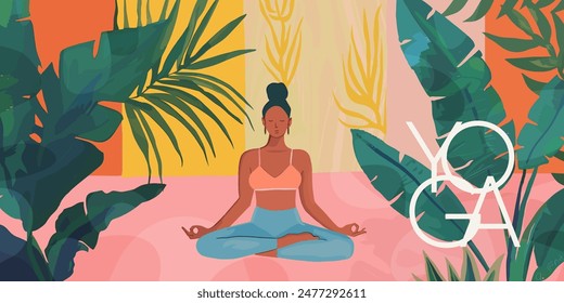 Yoga, meditation, stretching and Pilates. Vector cute illustration of woman in lotus position exercising in studio with tropical plants for banner, background, poster or flyer