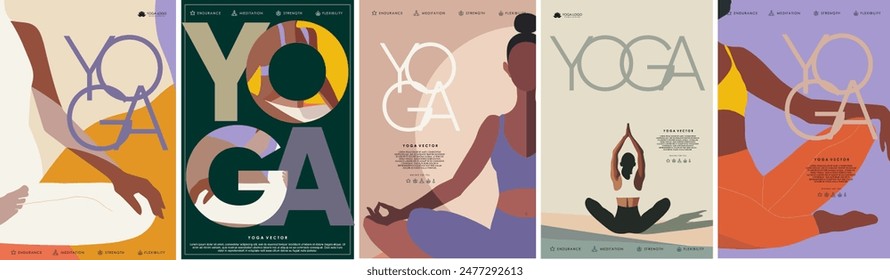 Yoga, meditación, estiramientos y pilates. Vector ilustración minimalista de una mujer en ropa deportiva en la posición de loto ejercitando en el estudio, logotipo para póster, invitación, volante o fondo