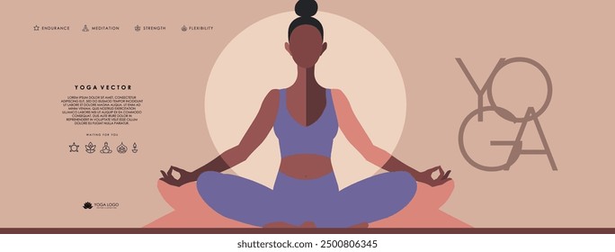 Yoga, meditation, stretching and pilates. Vector minimalistic illustration of a woman in sportswear in the lotus position exercising in the studio, logo for poster, invitation, flyer or background	
