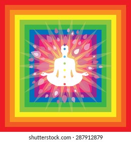 Yoga and meditation theme with rainbow background. Person is white, with seven chakra points.