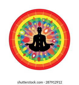 Yoga and meditation theme with rainbow / chakra background. Person is black, with seven chakra points.