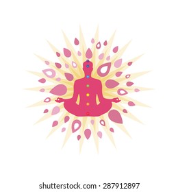 Yoga and meditation theme with white background. Person is pink, with seven chakra points.