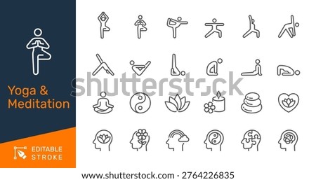 Yoga and meditation thin line icon collection for wellness, mindfulness, relaxation and fitness concept. Editable stroke. Pixel perfect.