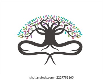 Yoga and meditation trainer logo. Yoga Tree vector illustration.
