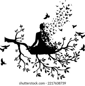 yoga meditation with tree and bird ,Tree of Life Yoga vector, meditation silhouettes. Tree branch meditation.