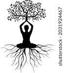 yoga meditation with tree of life silhouettes , meditation illustrations , yoga of tree vector 