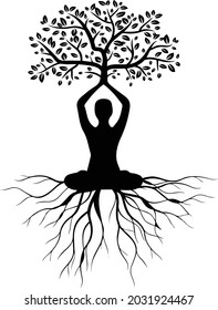 yoga meditation with tree of life silhouettes , meditation illustrations , yoga of tree vector 