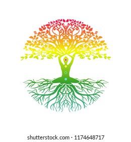 Yoga Meditation With Tree Of Life Vector Illustrations