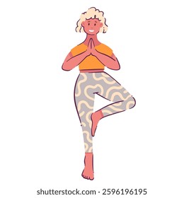 Yoga meditation in Tree pose of cartoon woman. Funny yogini standing in Vrikshasana to practice tranquil pranayama. Yoga asana, retreat mascot, cartoon cute balance posture vector illustration