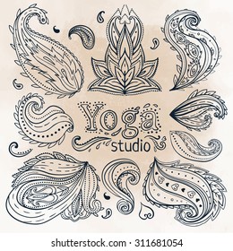 Yoga, meditation vector illustration set. Vintage decorative vector elements isolated. Hand drawn. Indian, Hindu paisley motifs. Tattoo, spirituality, prints for t-shirts and other textiles.
