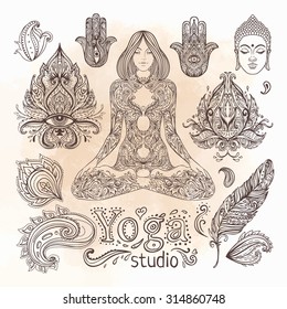 Yoga, meditation vector illustration set. Vintage decorative vector elements isolated. Hand drawn. Indian, Hindu paisley motifs. Tattoo, spirituality, prints for t-shirts and other textiles.