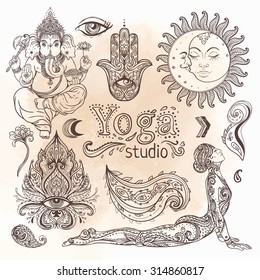 Yoga, meditation vector illustration set. Vintage decorative vector elements isolated. Hand drawn. Indian, Hindu paisley motifs. Tattoo, spirituality, prints for t-shirts and other textiles.
