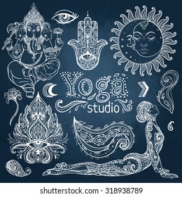 Yoga, meditation vector illustration set. Vintage chalk vector elements over blackboard. Hand drawn. Indian, Hindu paisley motifs. Tattoo, spirituality, prints for t-shirts and other textiles.