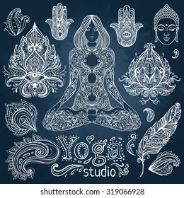 Yoga, meditation vector illustration set. Vintage chalk vector elements over blackboard. Hand drawn. Indian, Hindu paisley motifs. Tattoo, spirituality, prints for t-shirts and other textiles.