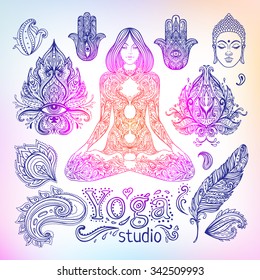 Yoga, meditation vector illustration set. Vintage decorative vector elements isolated. Hand drawn. Indian, Hindu paisley motifs. Tattoo, spirituality, prints for t-shirts and other textiles.