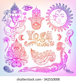 Yoga, meditation vector illustration set. Vintage decorative vector elements isolated. Hand drawn. Indian, Hindu paisley motifs. Tattoo, spirituality, prints for t-shirts and other textiles.