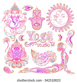 Yoga, meditation vector illustration set. Vintage decorative vector elements isolated. Hand drawn. Indian, Hindu paisley motifs. Tattoo, spirituality, prints for t-shirts and other textiles.