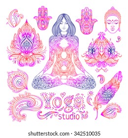 Yoga, meditation vector illustration set. Vintage decorative vector elements isolated. Hand drawn. Indian, Hindu paisley motifs. Tattoo, spirituality, prints for t-shirts and other textiles.