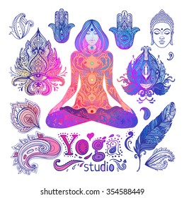 Yoga, meditation vector illustration set. Vintage decorative vector elements isolated. Hand drawn. Indian, Hindu paisley motifs. Tattoo, spirituality, prints for t-shirts and other textiles.