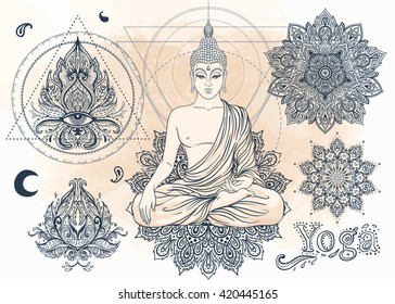 Yoga, meditation vector illustration set. Vintage decorative vector elements isolated. Indian Hindu paisley motifs. Tattoo, spirituality, prints for t-shirts, textiles. Hippie Coloring book for adults