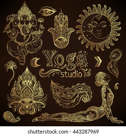 Yoga, meditation vector illustration set. Hindu paisley motifs. Tattoo, spirituality, prints, ornamental floral elements with henna tattoo, golden stickers, flash temporary tattoo,  cards and prints.