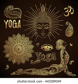 Yoga, meditation vector illustration set. Hindu paisley motifs. India, spirituality, Buddha, ornamental floral elements with henna drawing, golden stickers, flash temporary tattoo,  cards and prints.
