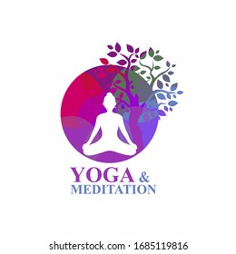 Yoga Meditation Woman Silhouette and Colorful Tree Creative Logo