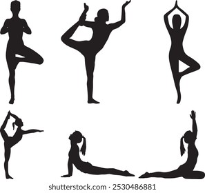 Yoga-Meditation. Frau Yoga Silhouette Vektorgrafik. Gymnastik-Meditation. Vektoryogapositionen. Yogafrau