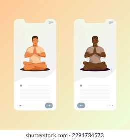 Yoga men on phone screen mockup. Men's yoga online. Yoga app mockup. African man in lotus position.