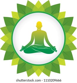 yoga men practice lotus pose green leaf round frame, yoga day concept design