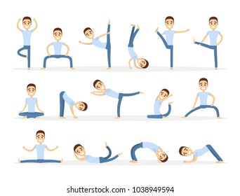 Yoga for men set of exercises on white.