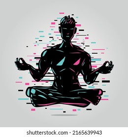 Yoga men silhouette. Virtual avatar illustration, Zen person. Glitch style illustration.