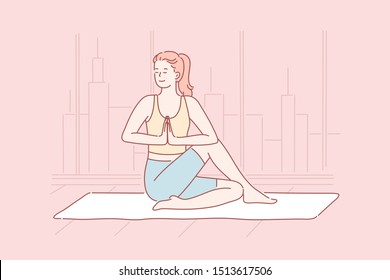 Yoga, mental health, relaxation concept. Young happy athletic woman or yogi girl doing exercise. Lady coach in a good mood trains fitness, pilates, gymnastics. Peace, pleasure, lifestyle. Simple flat.