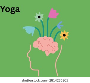 Yoga and mental wellness concept with brain and flowers. Mindfulness meditation illustration for stress relief and mental health awareness.