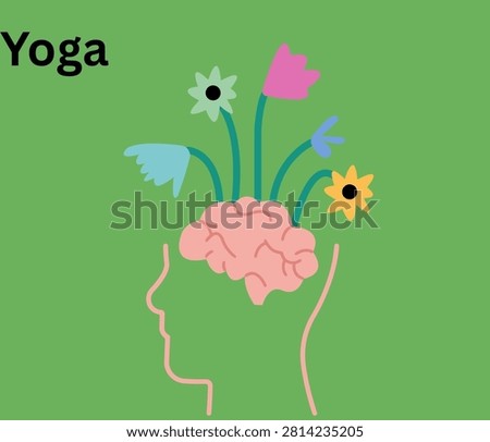 Yoga and mental wellness concept with brain and flowers. Mindfulness meditation illustration for stress relief and mental health awareness.