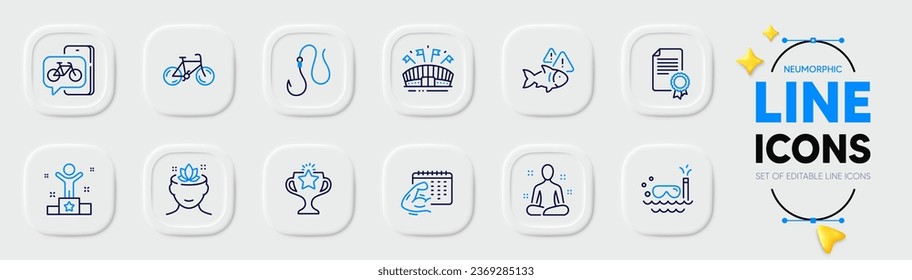 Yoga mind, Bike app and Winner line icons for web app. Pack of Scuba diving, Fitness calendar, Sports arena pictogram icons. Certificate, Yoga, Victory signs. Fish, Hook, Bicycle. Lotus flower. Vector