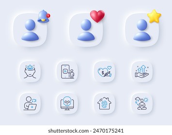 Yoga mind, Fingerprint access and Cyber attack line icons. Placeholder with 3d bell, star, heart. Pack of Yoga, Social care, Phone video icon. Analysis graph, Video conference pictogram. Vector