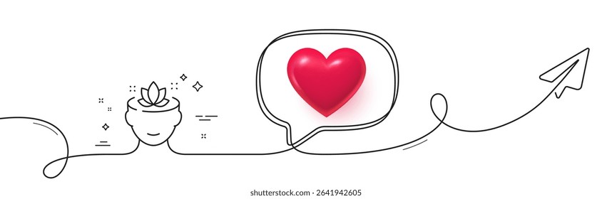 Yoga mind line icon. Continuous line with share plane. Meditation lotus sign. Relax body and mind symbol. 3d heart in speech bubble. Yoga mind single line ribbon. Loop curve pattern. Vector