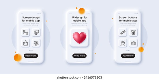 Iconos de la línea de pensamiento de yoga, rompecabezas y creatividad. El teléfono 3d se burla del corazón. Pantalla de teléfono inteligente de vidrio. Jeringa médica, tarjeta, icono web de transferencia de dinero. Cartera, pictograma de porcentaje de préstamo. Vector