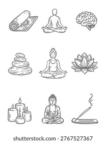 Yoga and mindfulness doodle set. Trendy line art featuring meditation, lotus flower, Buddha, yoga mat, and zen stones. Perfect for wellness stickers, spa branding, and mental health graphics.