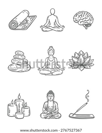 Yoga and mindfulness doodle set. Trendy line art featuring meditation, lotus flower, Buddha, yoga mat, and zen stones. Perfect for wellness stickers, spa branding, and mental health graphics.
