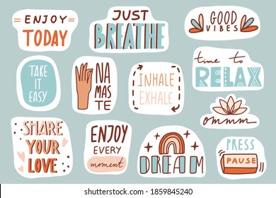 Yoga, mindfulness patches collection. Stickers, badges, prints with quotes, doodles and lettering. Relax, breathe, namaste, enjoy, dream. Cute cartoon vector. Flat style inspirational illustration
