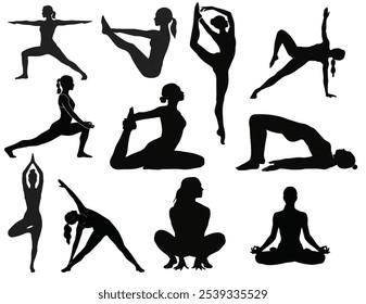 yoga, minimalist design, silhouette, vector illustration, women in yoga, fitness, wellness, mindfulness, meditation, poses, black and white, health, balance, flexibility, tranquility, strength, serene