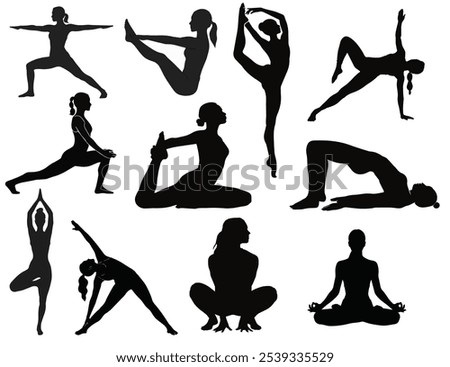yoga, minimalist design, silhouette, vector illustration, women in yoga, fitness, wellness, mindfulness, meditation, poses, black and white, health, balance, flexibility, tranquility, strength, serene