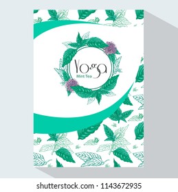 Yoga Mint Tea Branding and Packaging  with Mint leaves and flowers. Brochure flyer design template. Tea Branding Element for design invitations, flyers and brochures.  